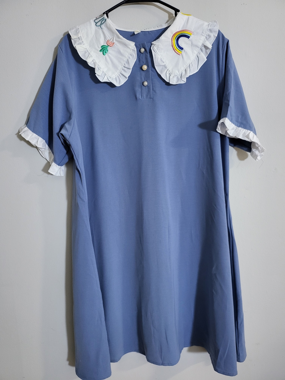 Blue Dress with White Embroidered Ruffle Collar